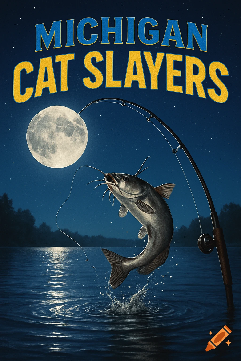 A catfish jumps from water at night under a full moon, hooked by a fishing rod, with 'MICHIGAN CAT SLAYERS' text.
