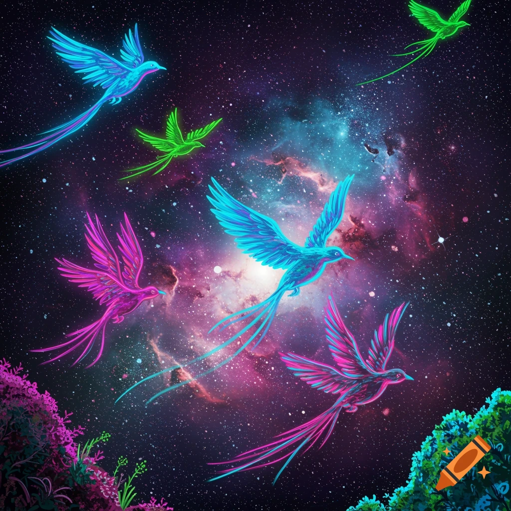 Colorful glowing cartoon birds fly through a vibrant nebula in deep space, with neon-colored foliage in the foreground.