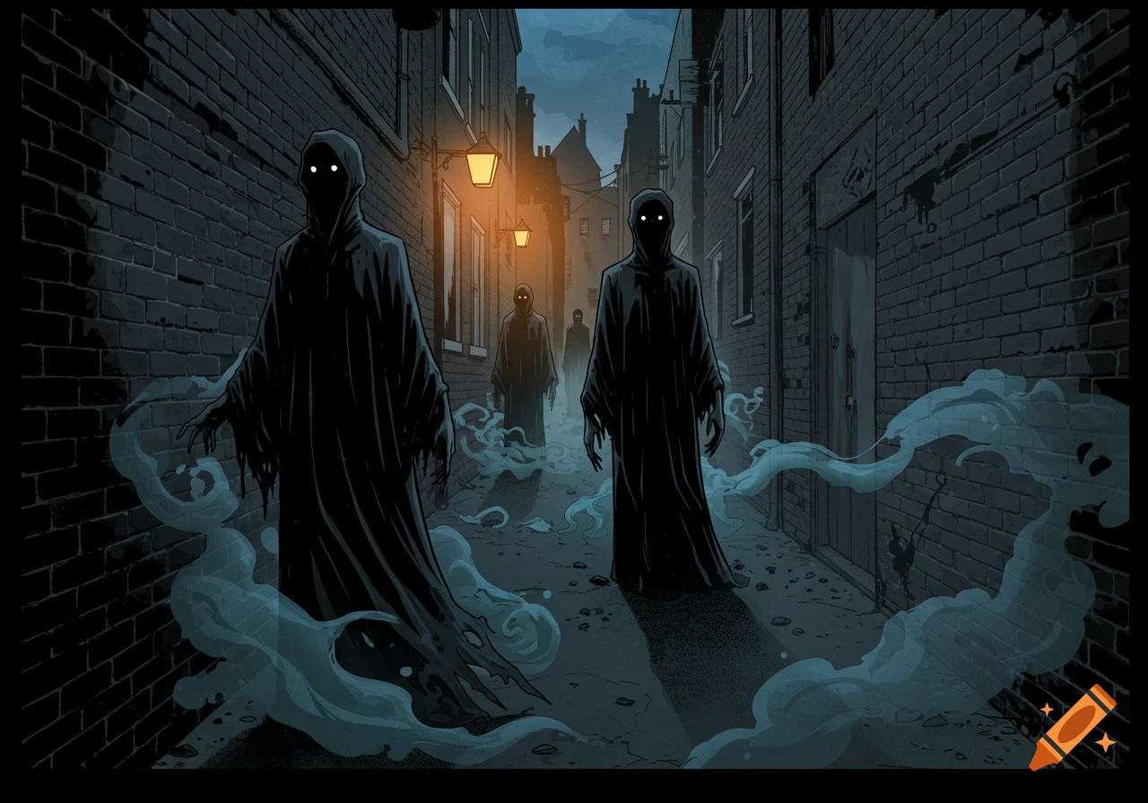 Four shadowy, cloaked figures with glowing eyes in a dark, mist-filled alley, stylized comic art.