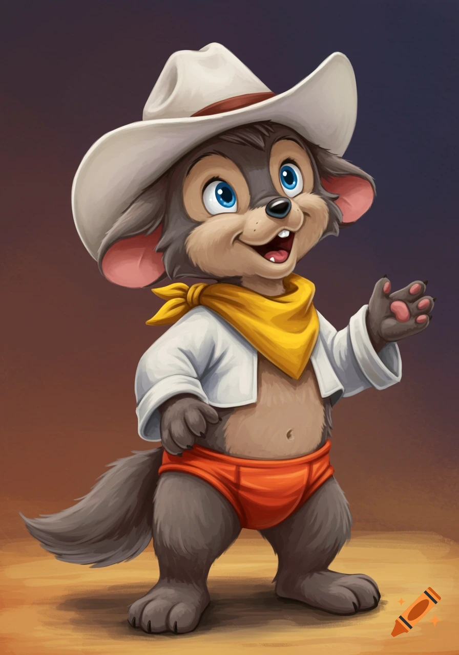 An Amblimation-style illustration of a cute anthropomorphic brown wolf pup wearing a white cowboy hat, a yellow bandana, and orange speedo briefs, standing playfully.