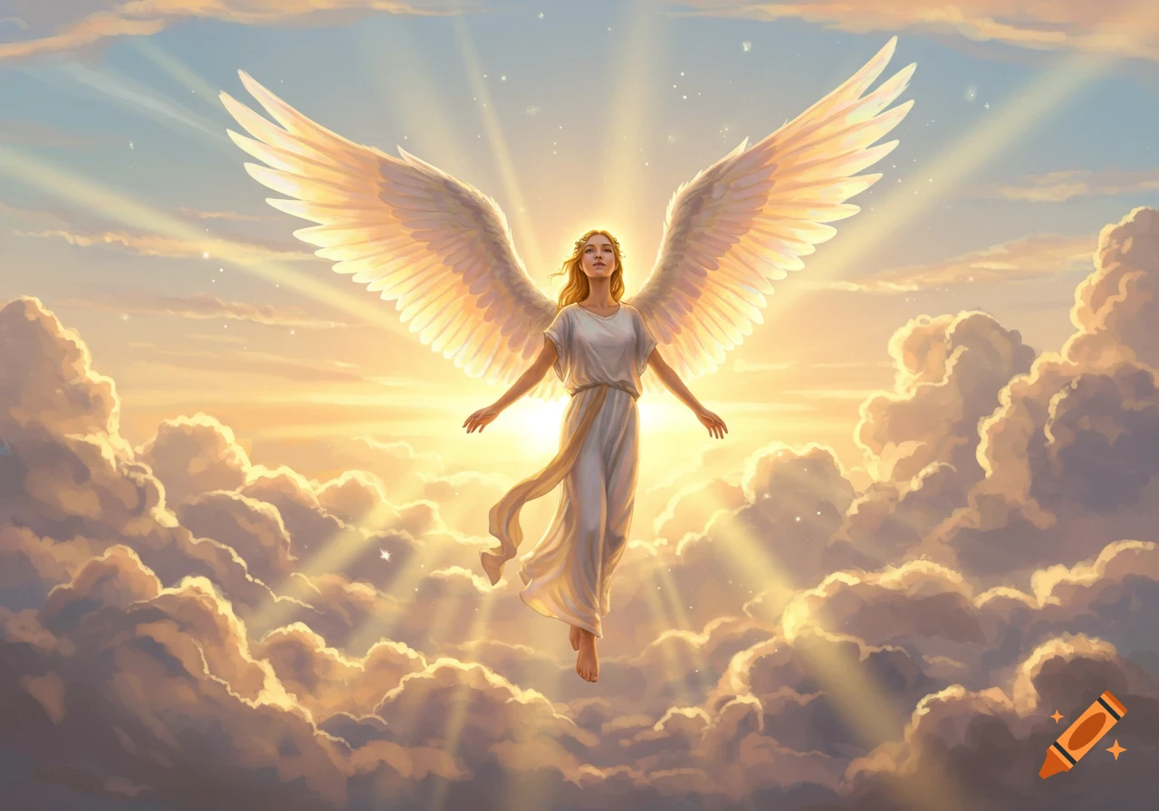 A radiant angel with large, glowing wings floats in the sky amongst clouds at sunset, with light rays emanating from behind her.