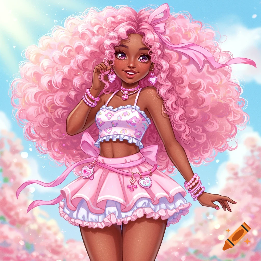 An anime-style Black girl with voluminous pastel pink curly hair and a bow, wearing cute pink clothes and accessories, smiling under a bright blue sky with cherry blossoms.