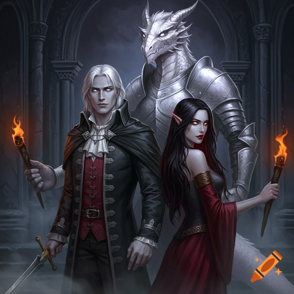A white-haired male vampire, a dark-haired female vampire, and a white dragonkin knight in armor stand in a dark gothic hall.