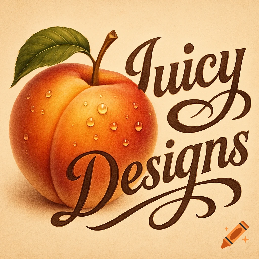 Vibrant illustration of a peach with water droplets and the words 'Juicy Designs' in a script font.