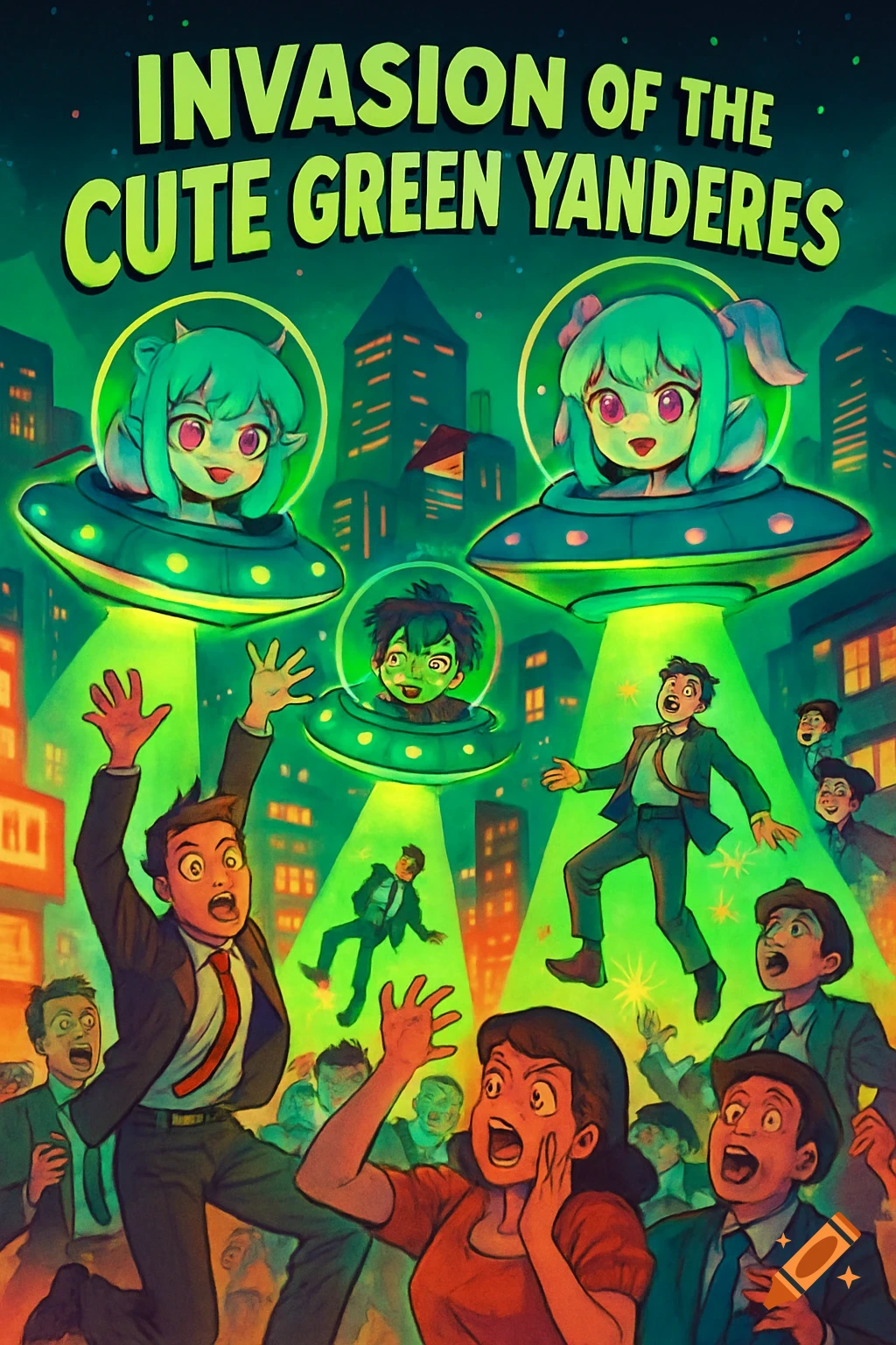 Cartoon poster of green-skinned alien yanderes in UFOs abducting screaming people from city streets, with the title "Invasion of the Cute Green Yanderes."