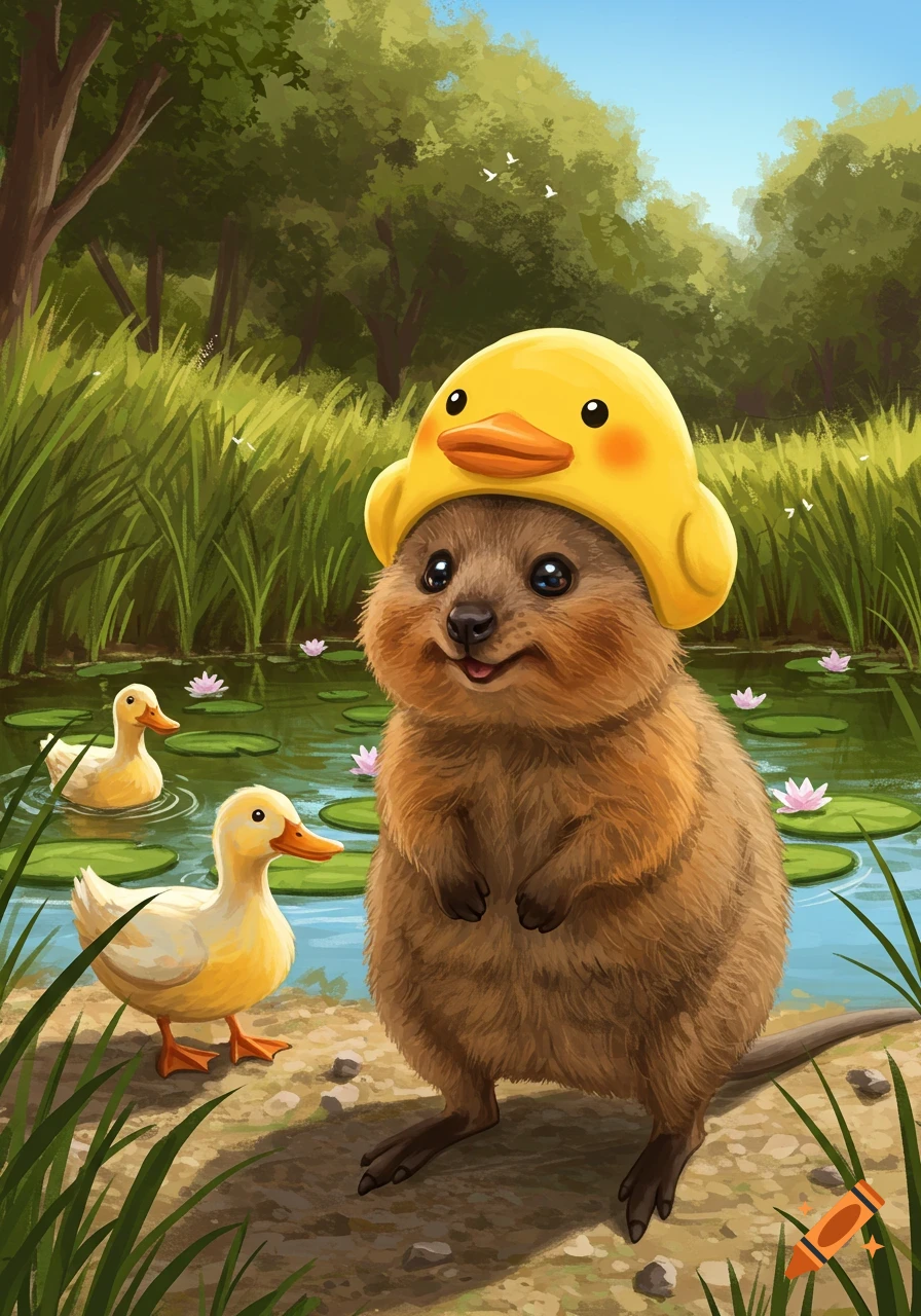 A drawing of a cute quokka wearing a yellow duck hat by a pond with ducks and lily pads, surrounded by greenery.