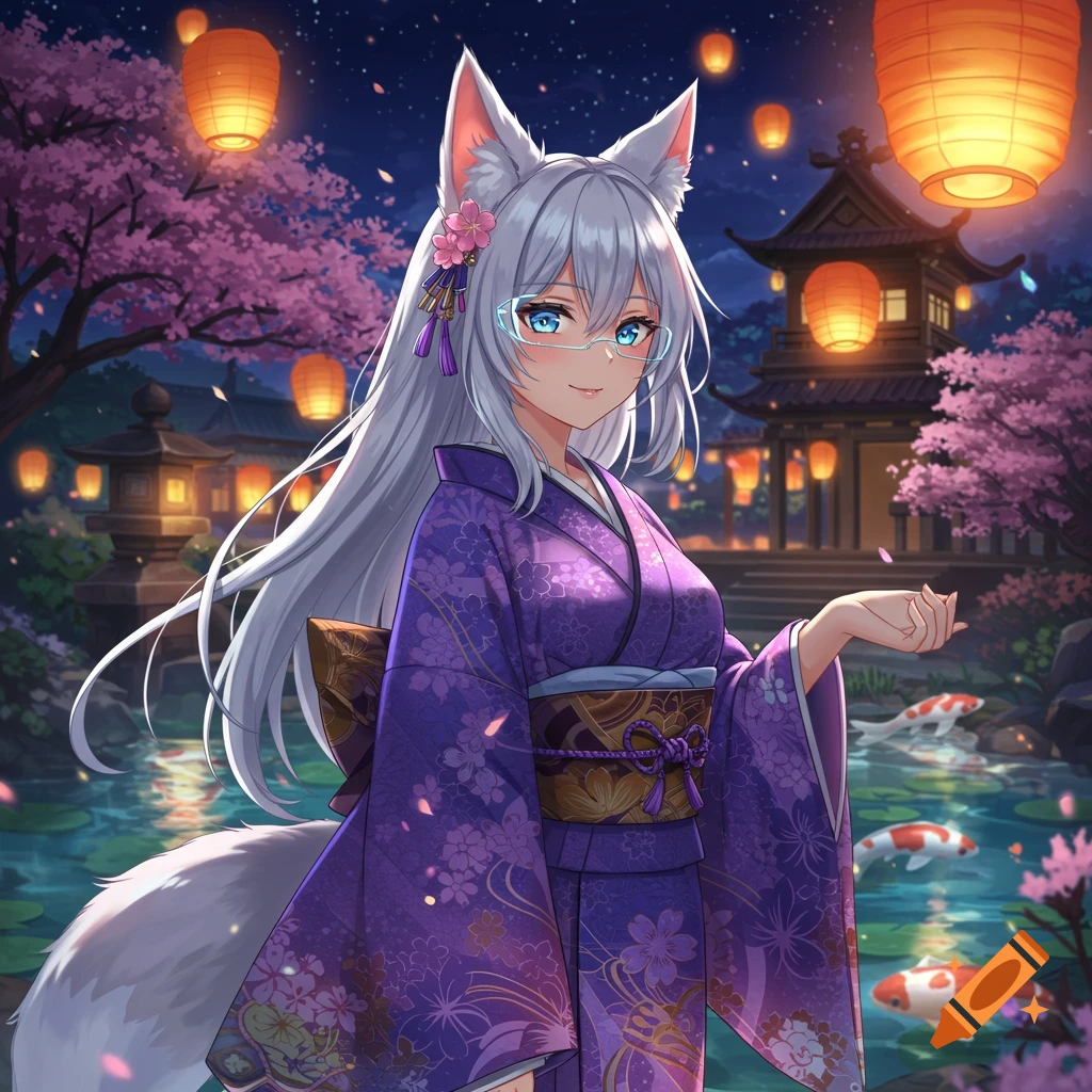 An anime kitsune girl in a purple kimono and glowing glasses stands in a moonlit Japanese garden with cherry blossoms, lanterns, and koi fish.