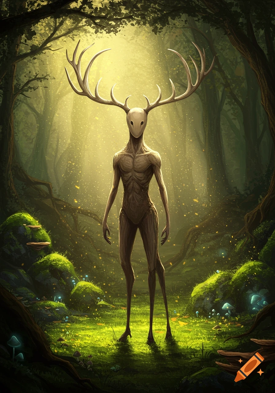 An oil painting of a faceless, tall, skinny creature with large antlers and bipedal deer legs standing in a glowing, mossy forest.