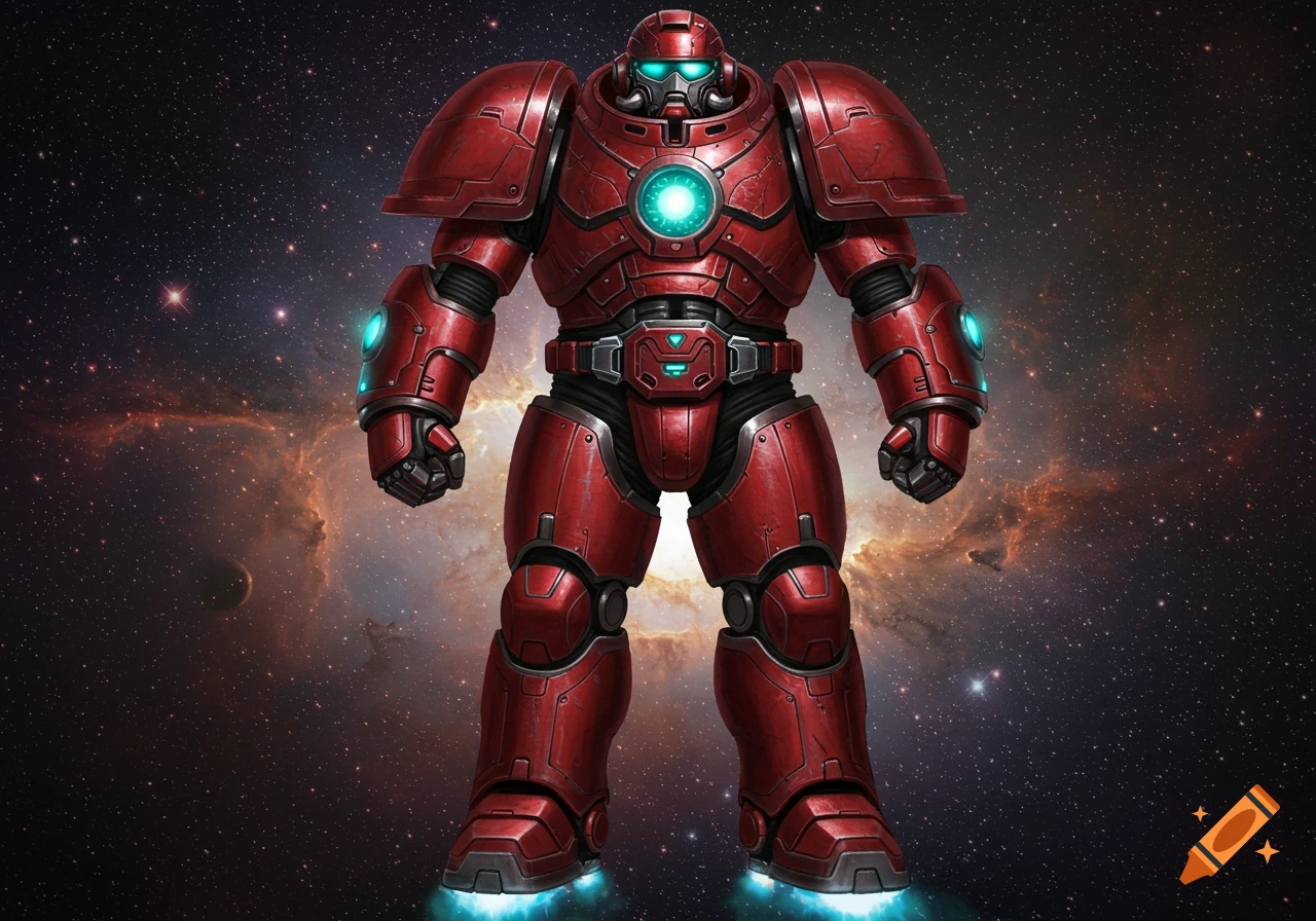 A towering fortress commander in thick crimson armor with glowing cyan accents stands in space against a backdrop of stars and nebulae.