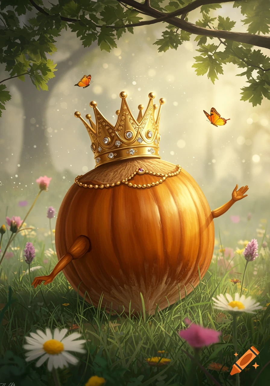 A whimsical, crowned, hazelnut-shaped character with small arms stands in a lush, sunlit forest clearing with flowers and butterflies.