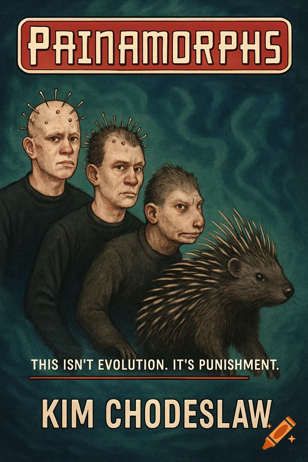 Book cover illustration of three men transforming into a porcupine, titled 'Painamorphs'.