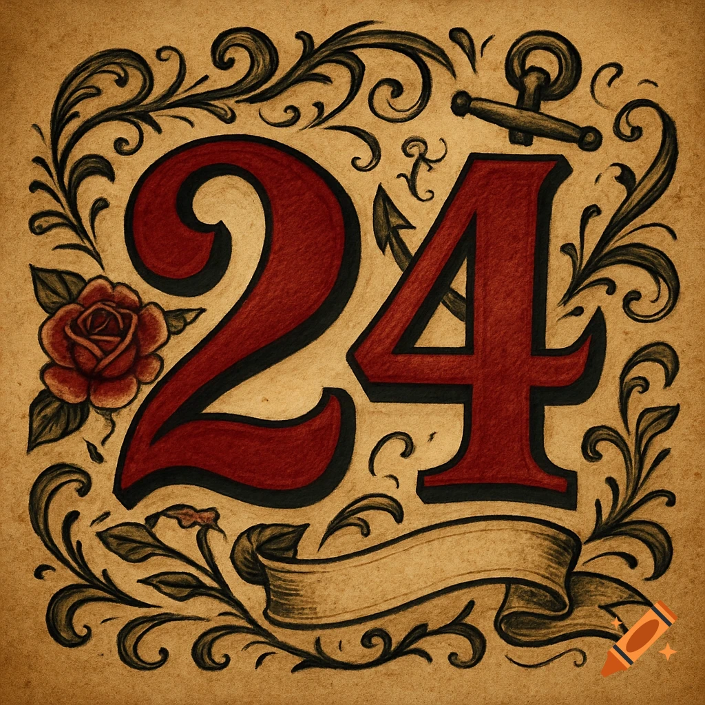 A stylized red number 24, framed by ornate black floral scrolls, a rose, an anchor, and a banner, in a vintage tattoo art style.