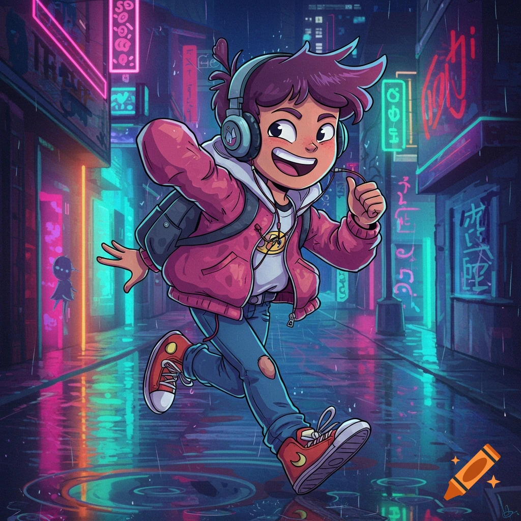 A cheerful cartoon boy runs through a rainy, neon-lit cyberpunk city street at night, wearing headphones.