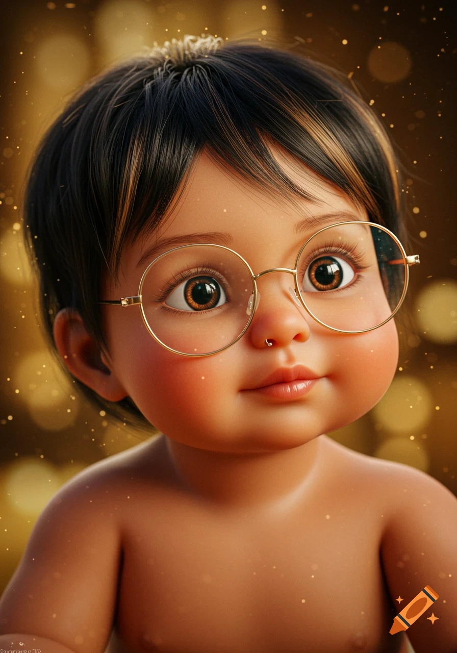 A close-up portrait of a cute baby with big brown eyes, round glasses, and a tiny nose ring, against a blurry golden background.