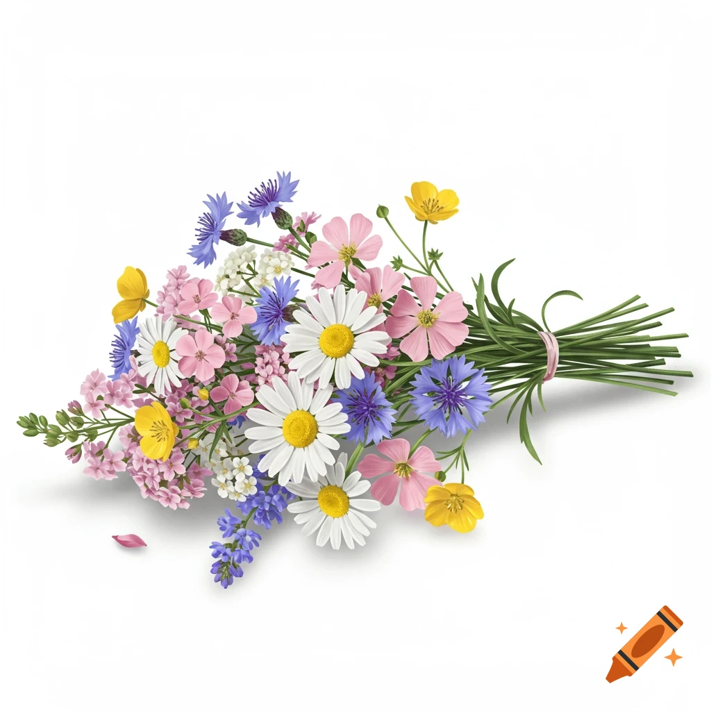 A vibrant bouquet of wildflowers including daisies, cornflowers, and buttercups, tied with a string, on a white background.