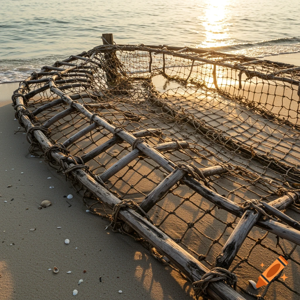 A wooden fishing net lies on a sandy beach near the ocean with a golden sunset in the background.