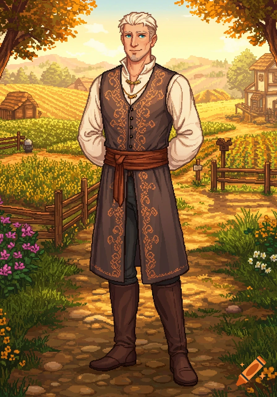 A pixel art full-body portrait of a man with white hair, a brown patterned vest, and a sash, standing in a sunny farming landscape with fields and a barn.
