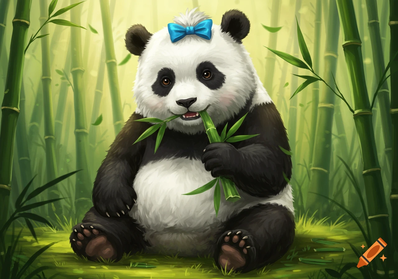 An illustration of a cute panda with a blue bow, sitting and eating bamboo in a lush bamboo forest.
