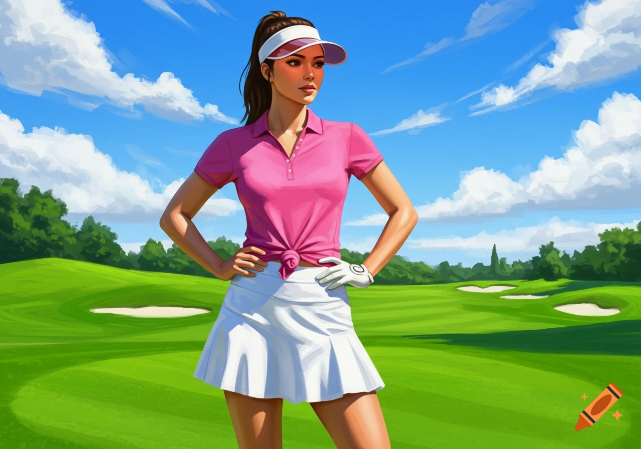 A woman in a pink polo shirt, white skirt, and white visor stands with hands on hips on a vibrant green golf course under a blue sky, in a digital painting style.
