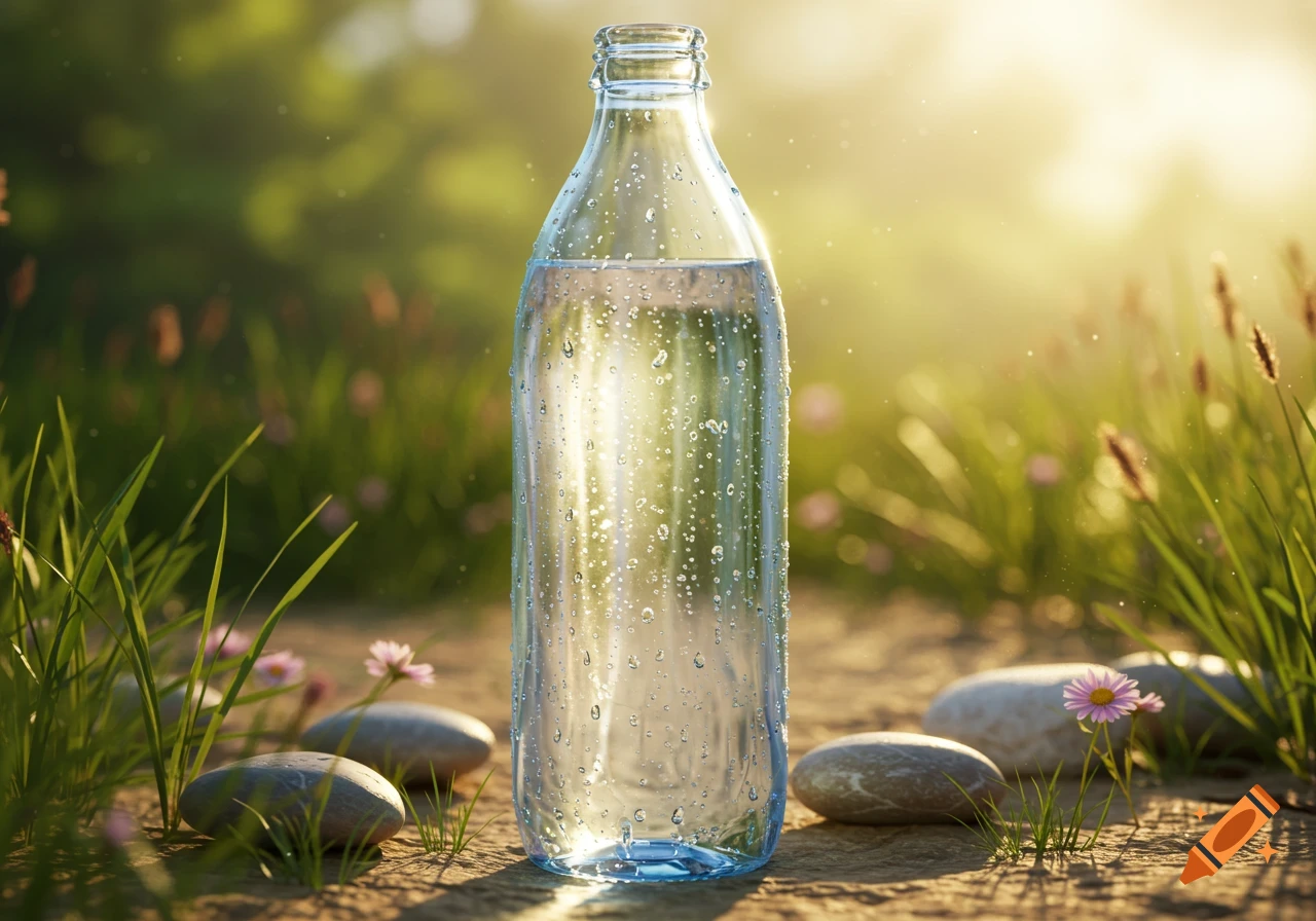 A condensation-covered glass water bottle stands on a sunlit dirt path amidst green grass and small pink flowers.