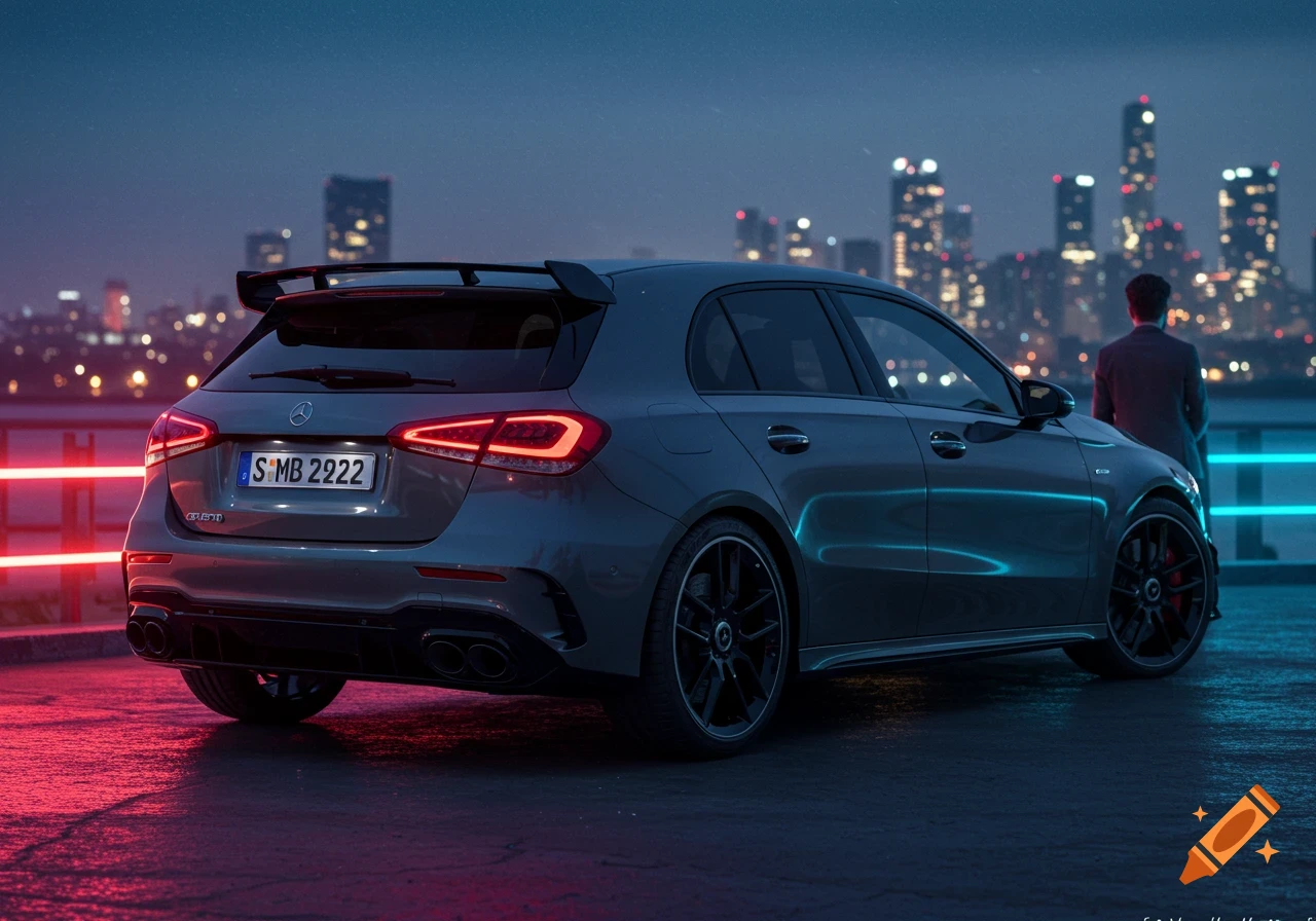 Photorealistic image of a gray Mercedes-Benz A45S hatchback from the rear at night with city lights in the background.