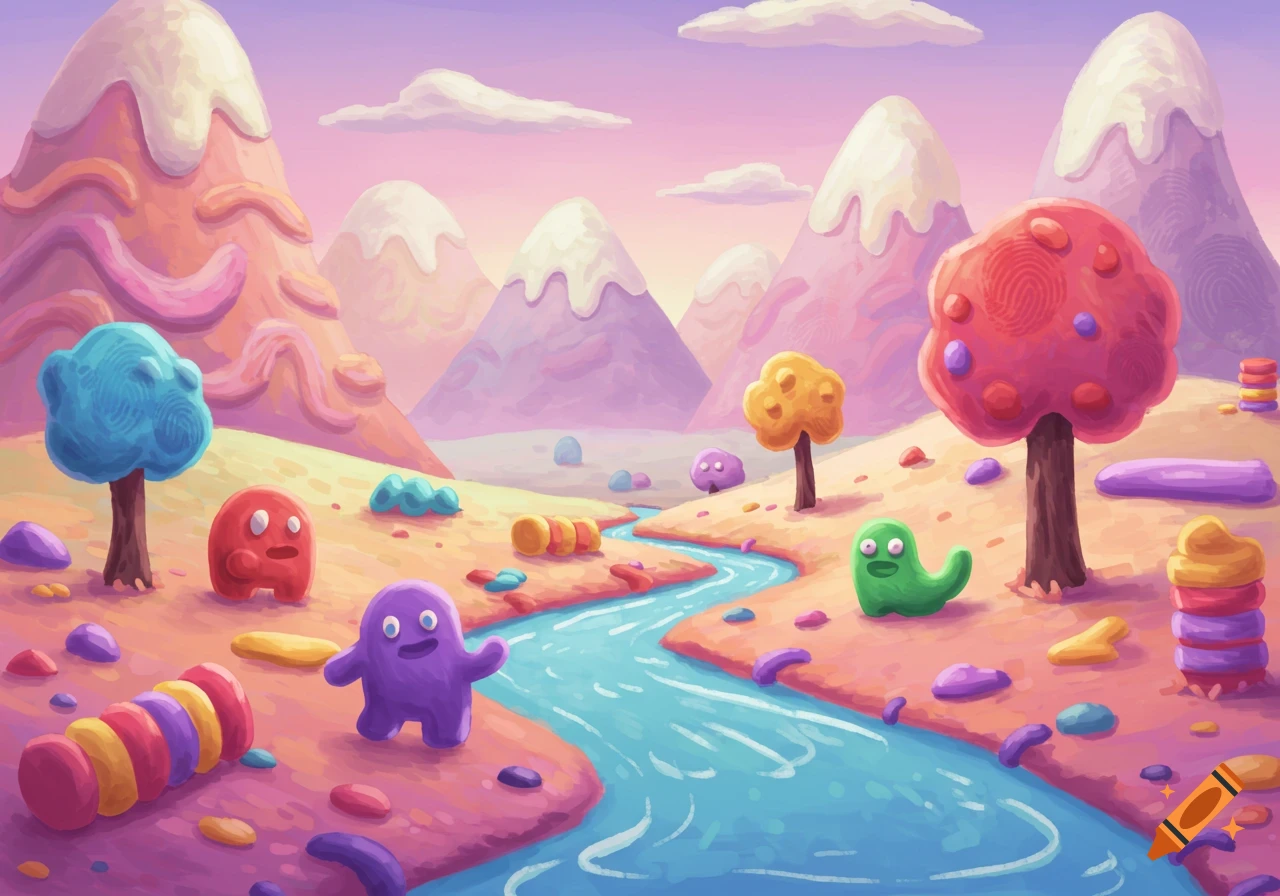 A vibrant, whimsical landscape with candy-like mountains, a blue river, and colorful blob creatures in a playful, illustrated style.