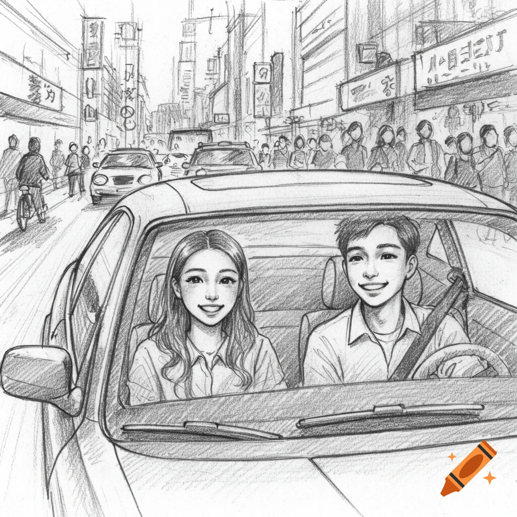 Pencil sketch of a smiling couple in a car on a busy city street with blurred background traffic.
