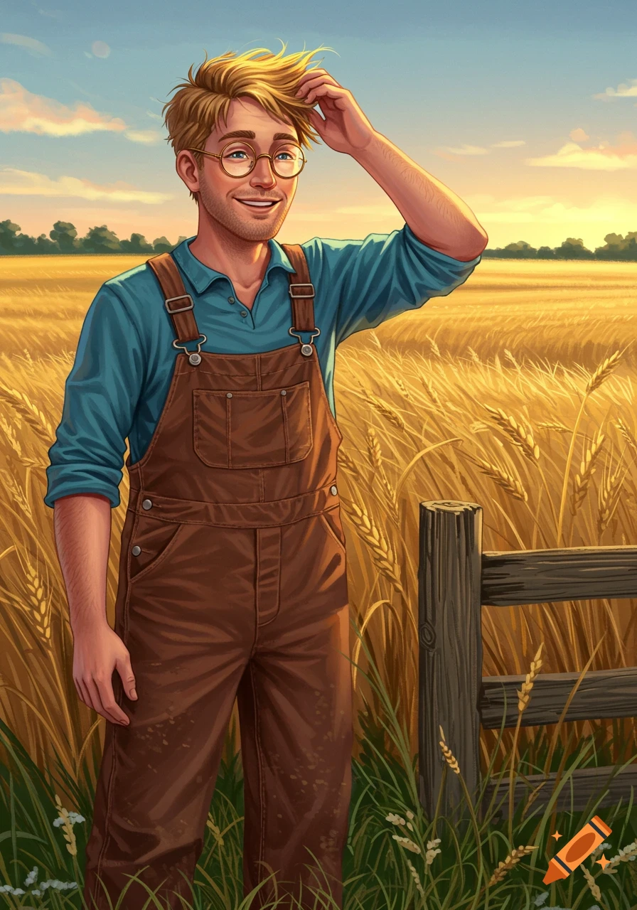 A man with blonde hair and glasses in brown overalls and a blue shirt stands in a sunlit golden wheat field, smiling and touching his hair.