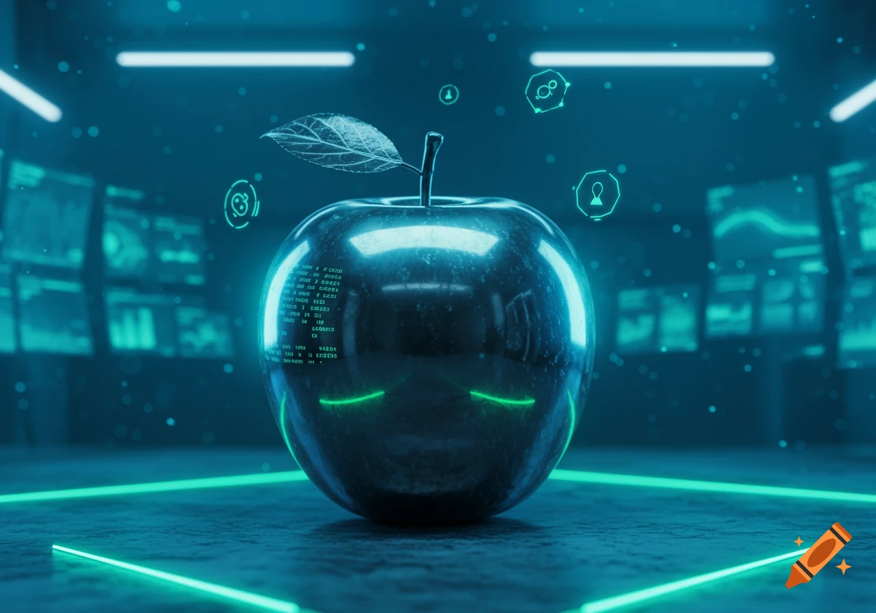 A glowing, futuristic black apple with digital code on its surface, in a neon-lit cyber room.