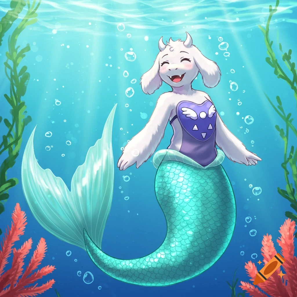 Anime-style Toriel from Undertale as a happily smiling mermaid underwater with bubbles and plants.