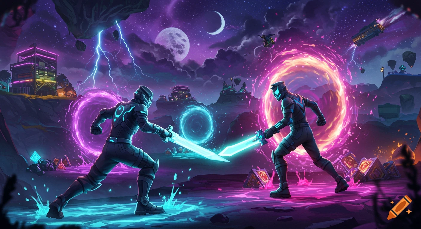 Two armored figures with glowing swords battle in a vibrant, futuristic fantasy landscape with portals, floating islands, and lightning under a purple night sky.