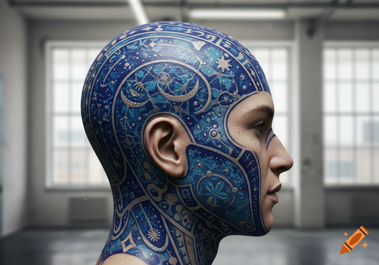 A detailed side profile of a person's head covered in intricate blue and silver geometric and celestial patterns, resembling a tattoo.