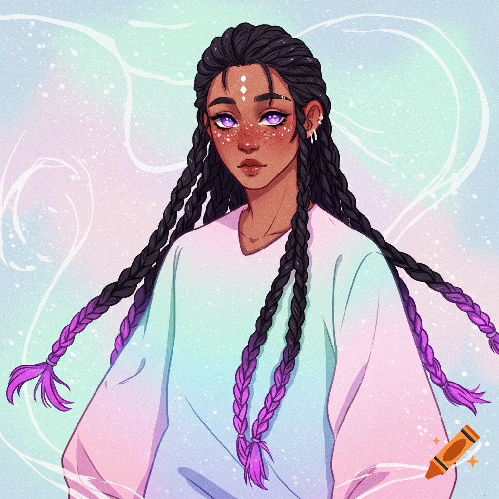 Anime portrait of a person with long black and purple braids, lavender eyes, freckles, and a pastel shirt.