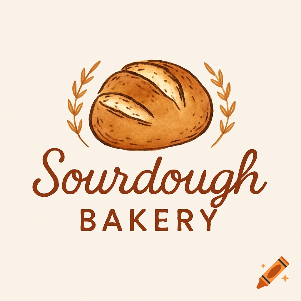 Watercolor logo for a sourdough bakery, featuring a loaf of bread surrounded by wheat sprigs, with text 'Sourdough BAKERY'.