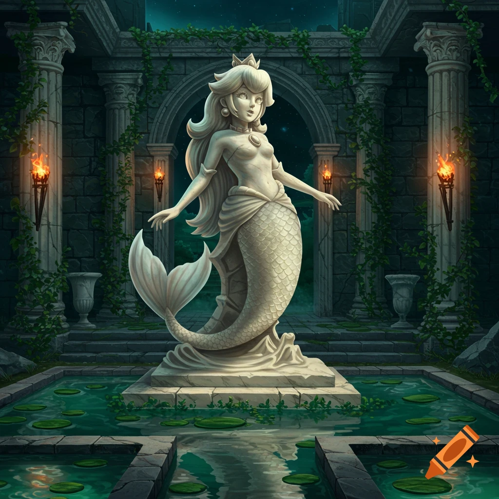 Marble statue of Princess Peach as a mermaid in ancient ruins with torches and a pond.