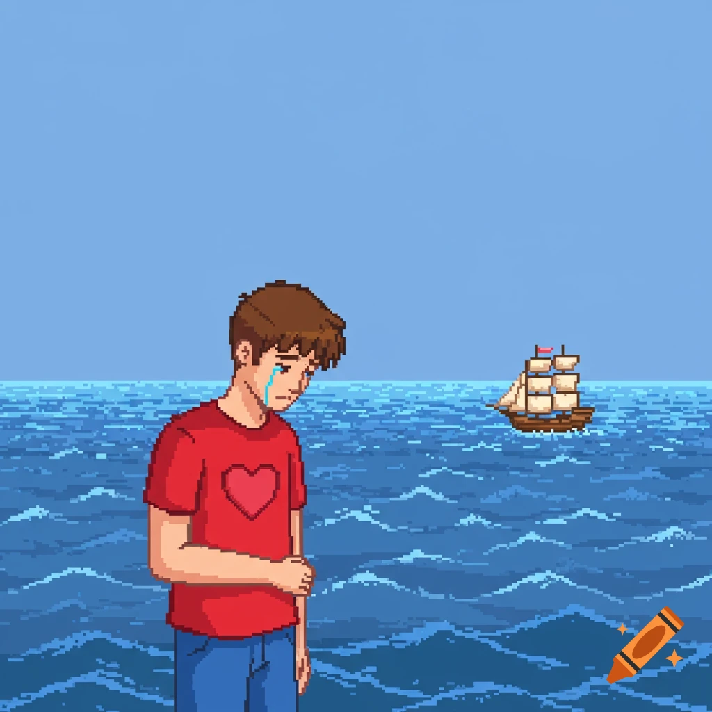 A pixel art image of a sad young man in a red shirt by the ocean, with a ship sailing away in the distance.