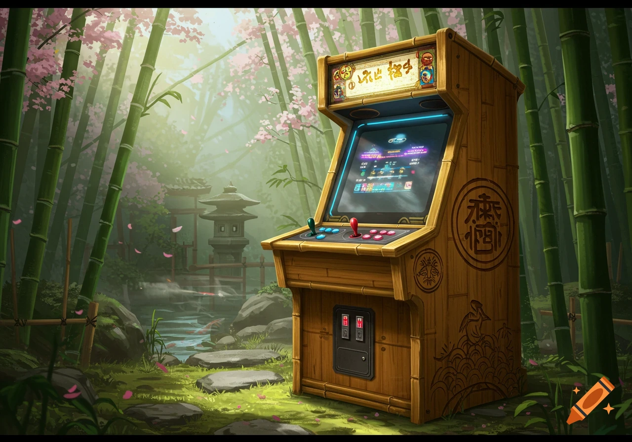 A rustic bamboo arcade cabinet with a glowing screen stands in a serene Japanese garden with tall bamboo stalks, cherry blossoms, a stone lantern, and a stream.