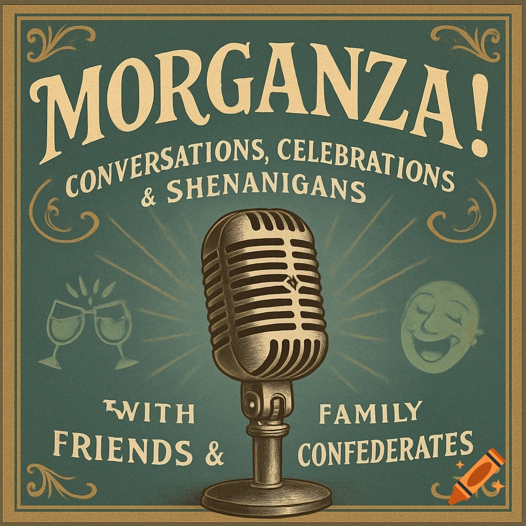 A vintage-style green and gold podcast graphic featuring a microphone, two clinking wine glasses, and a laughing face, with text.