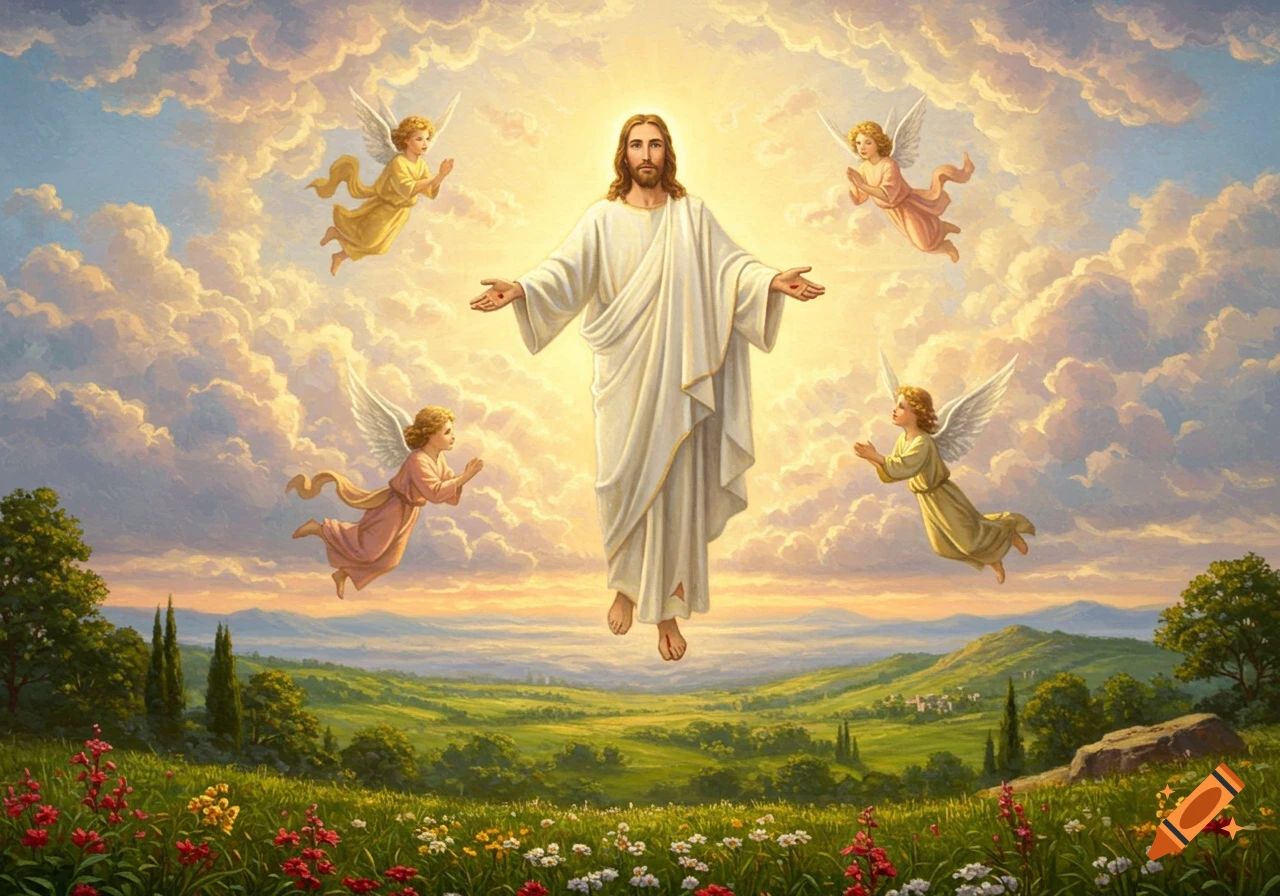 Painting of Jesus ascending to heaven, surrounded by four angels, above a vibrant green landscape with flowers and clouds.