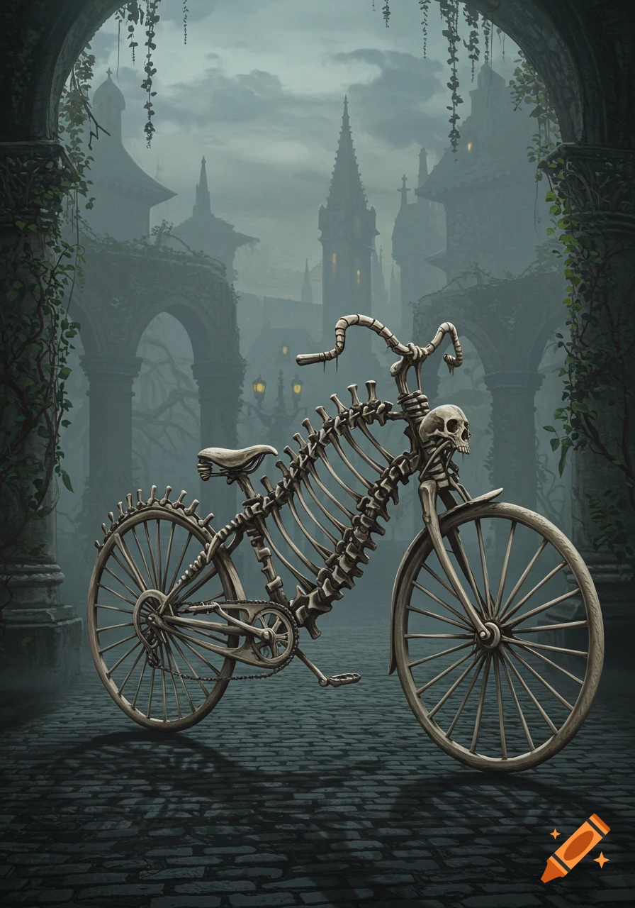 A bone-skeleton bicycle with a skull headlight in a misty, dark gothic city with arches and spires.