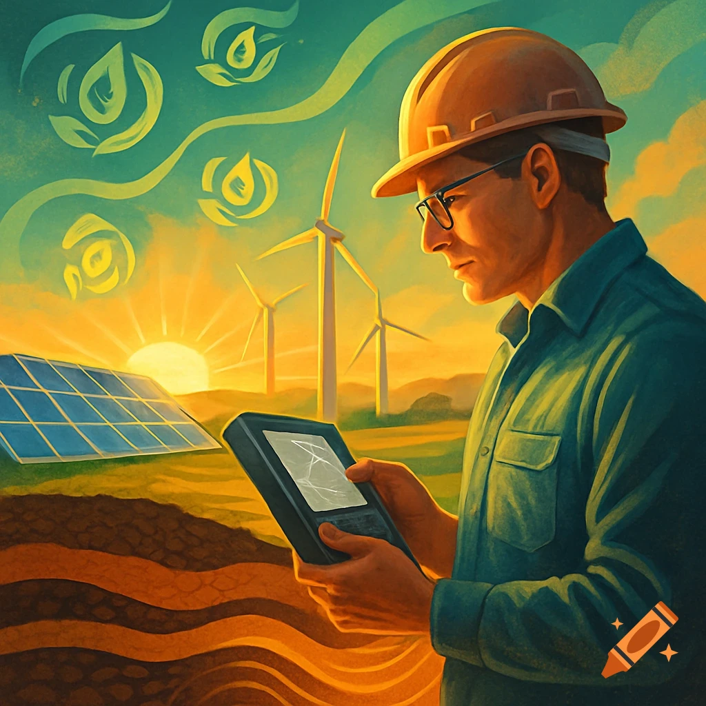 An illustrative image of an engineer in a hard hat and glasses looking at a tablet, with solar panels and wind turbines under a sunrise. The sky has abstract green patterns.