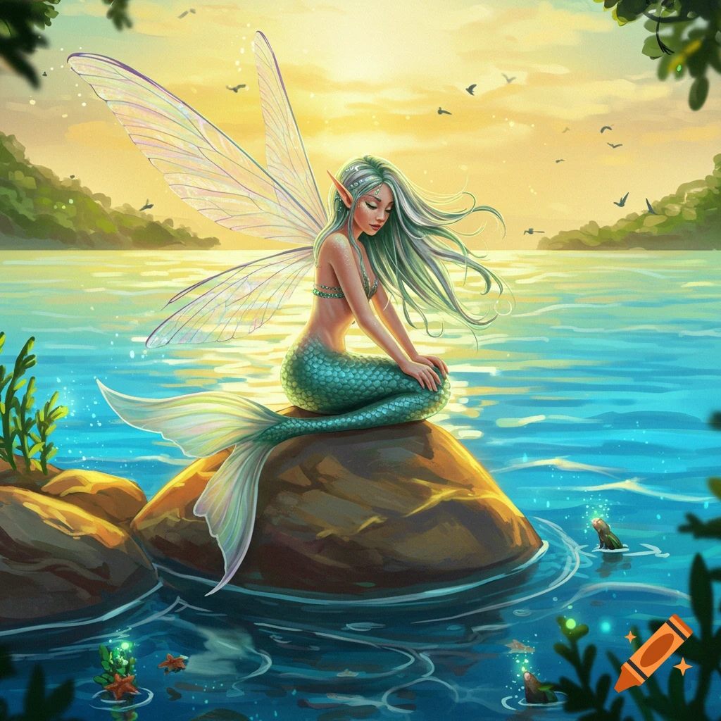 A beautiful mermaid fairy with light green hair and shimmering wings sits on a rock in a calm lake at sunset.