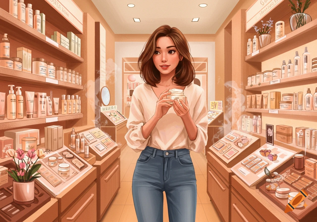 An illustrated woman holding a moisturizer jar in a bright beauty store with shelves of products.
