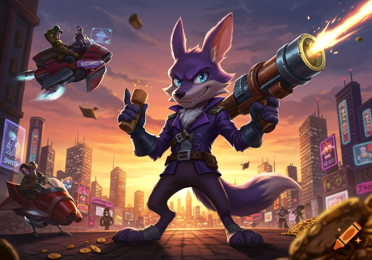 A cartoon purple wolf-like character in a coat holds a cork gun in a futuristic city with flying bikes.