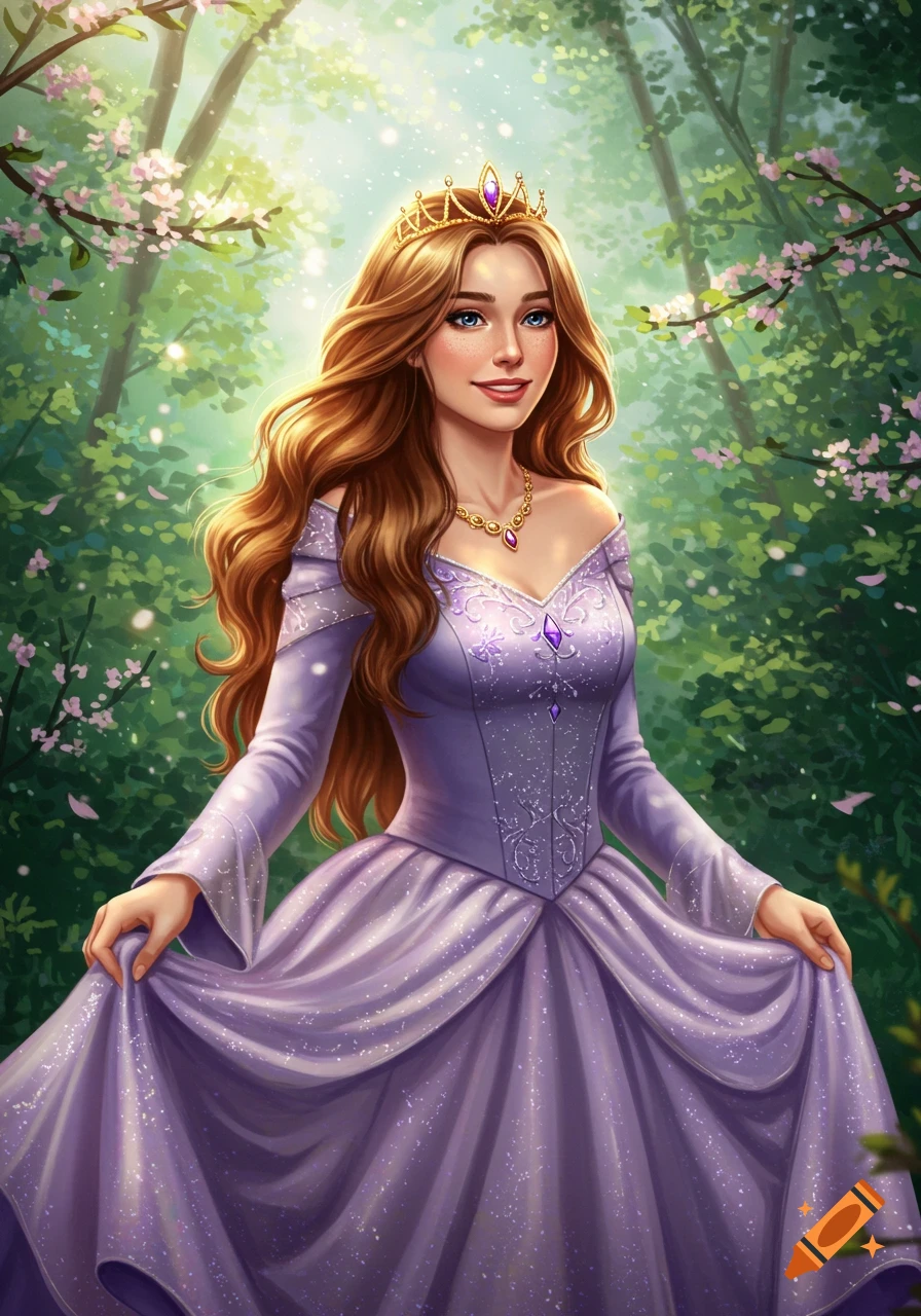 A smiling princess with long brown hair in a purple gown and golden crown stands in a magical forest with pink blossoms.