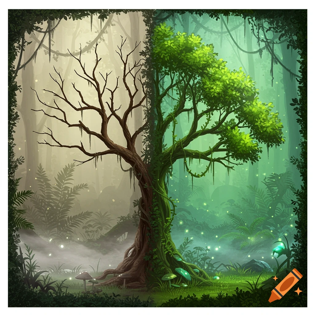 A vibrant fantasy illustration of a tree split between a bare, dead half and a lush, green, living half in an enchanted forest.