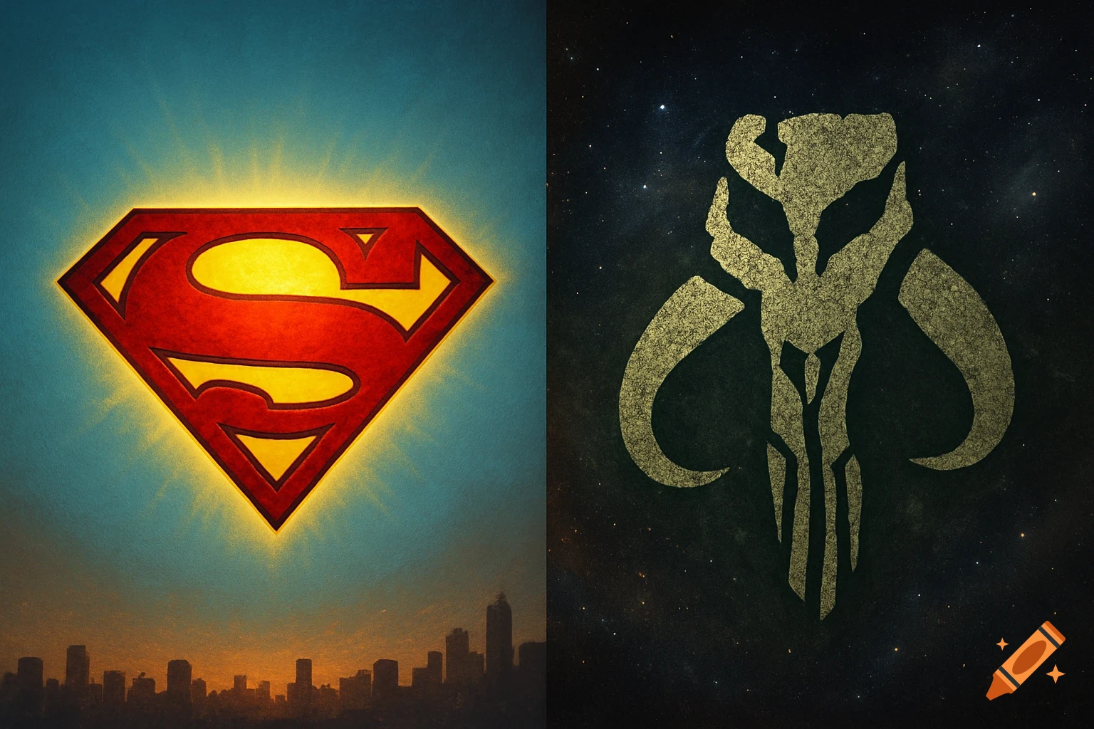 A split image showing the glowing red and yellow Superman logo on the left with a cityscape at sunset, and the golden Mandalorian Mythosaur skull logo on the right against a starry night sky.
