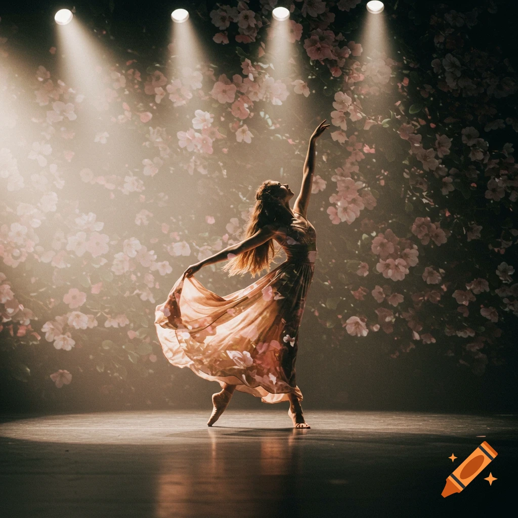 A dancer in a flowing floral dress strikes a pose on a stage, illuminated by spotlights, with a soft double exposure of pink flowers.