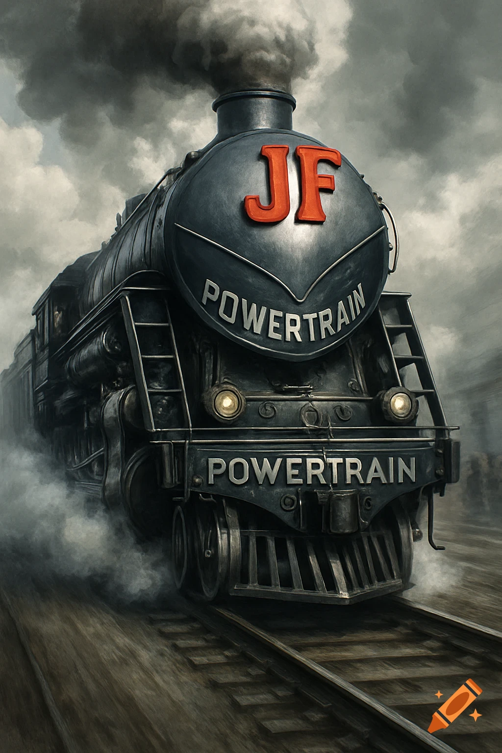 An aggressive black steam engine train with red 'JF' and 'POWERTRAIN' text, emitting smoke on railroad tracks.