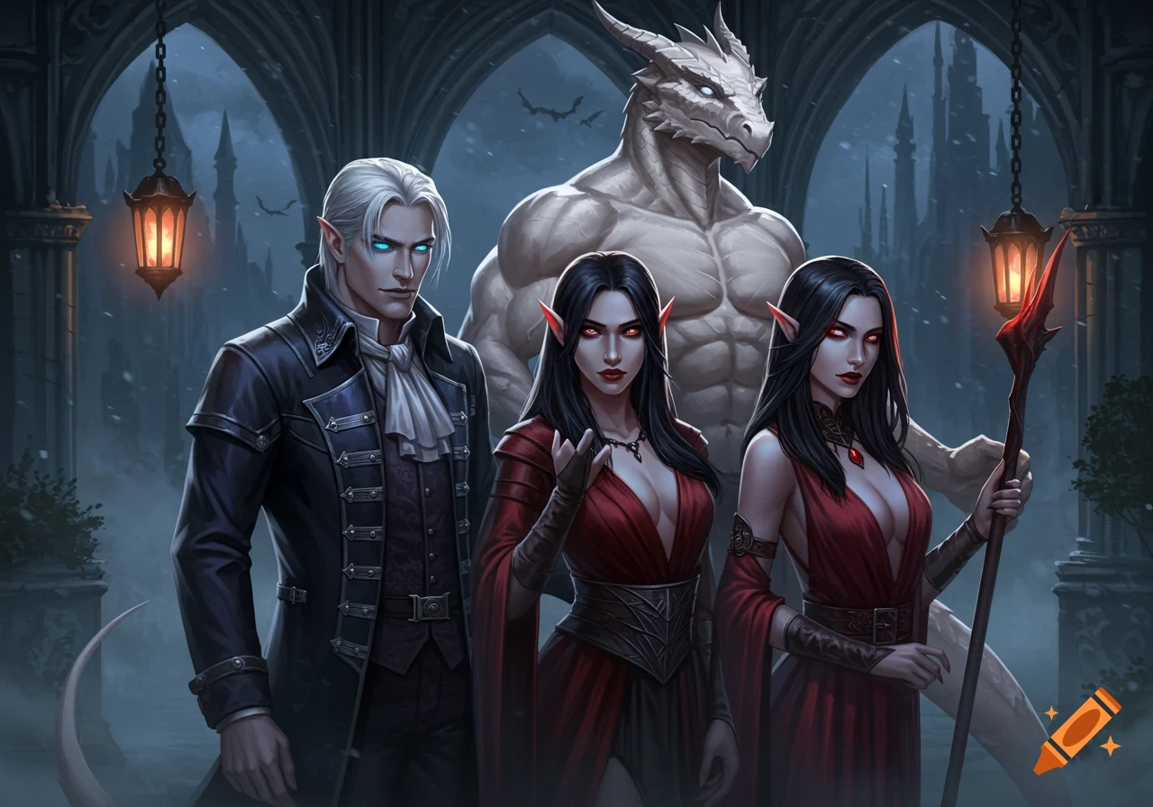 A male vampire with silver hair and blue eyes, two female vampires with black hair and red eyes, and a muscular dragonkin in a dark gothic castle.
